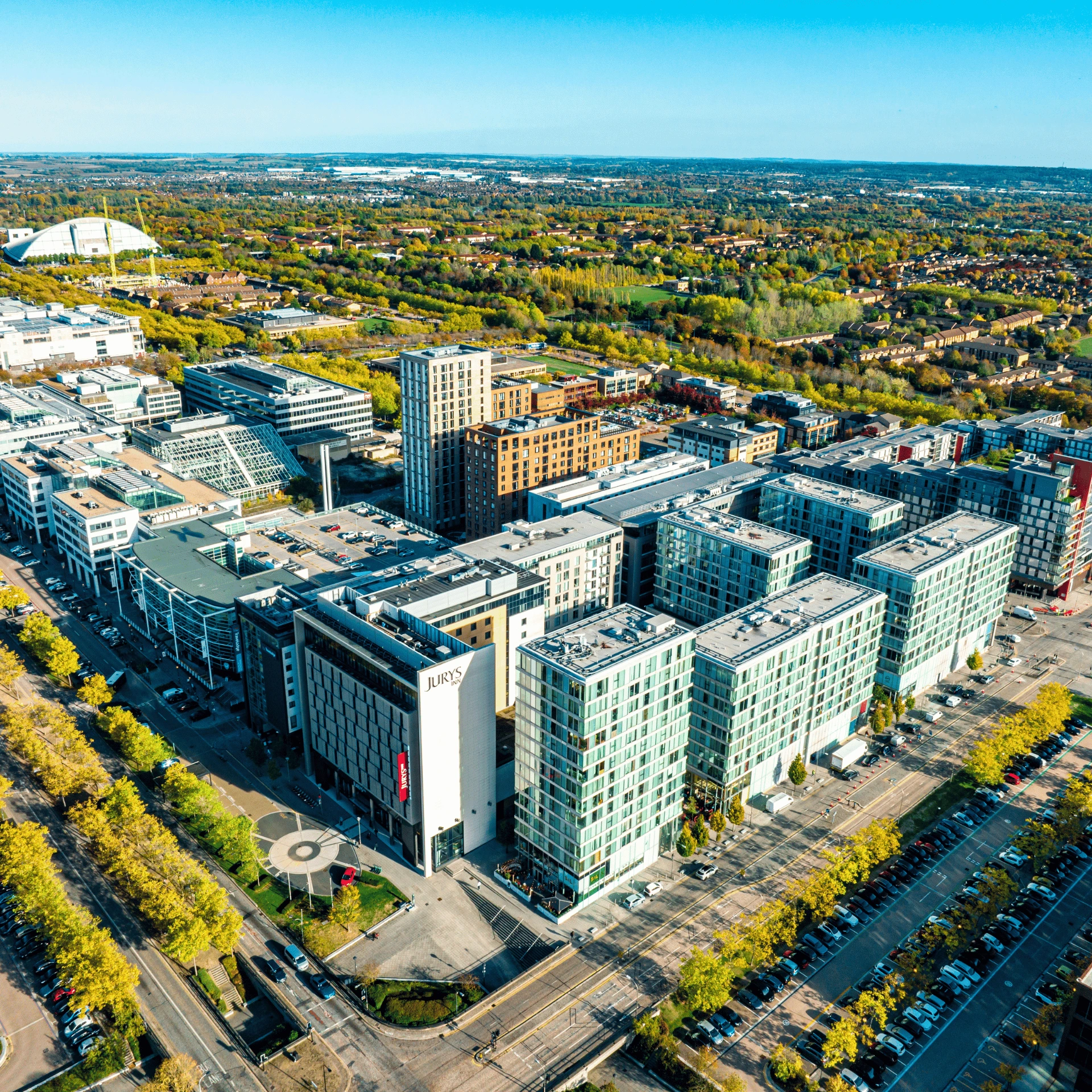 Central Milton Keynes with modern buildings in the MK postcode coverage area for EZO Plumbing and Heating