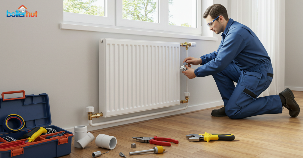 EZO plumber adjusting radiator pipework in a living room